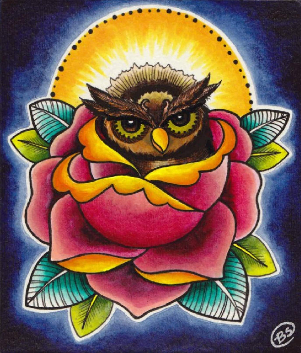 Black Market Art Company Owl and Rose Print
