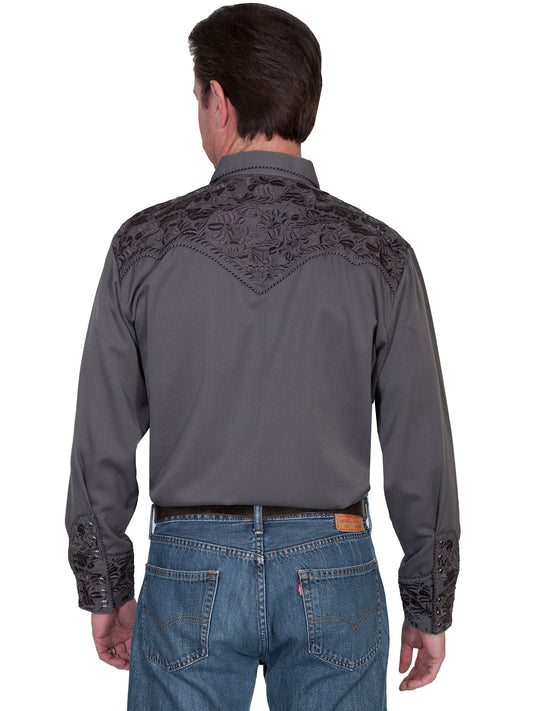 Scully Leather Charcoal Floral Tooled Embroidery Shirt