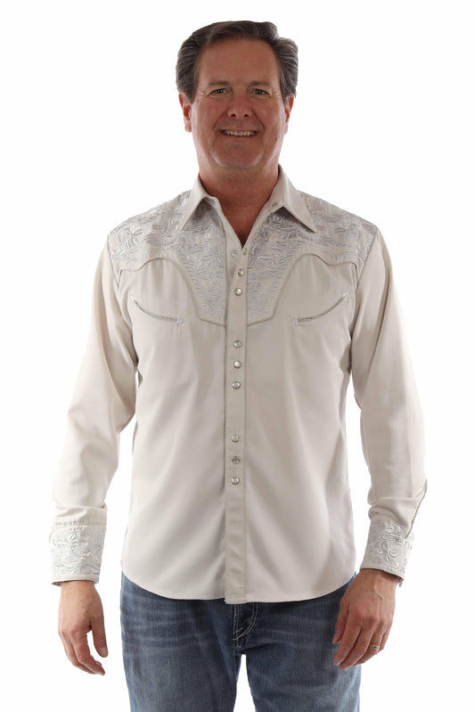 Scully Leather Light Grey Floral Tooled Embroidery Shirt - Scully Leather