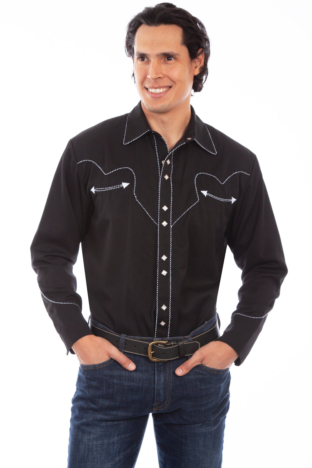 Scully Leather Black Solid Shirt W/Candy Cane Piping