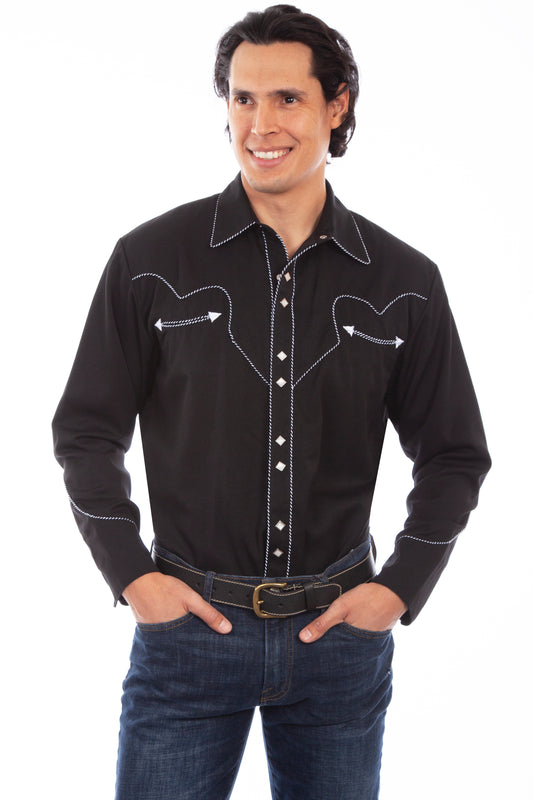 Scully Leather Black Solid Shirt W/Candy Cane Piping