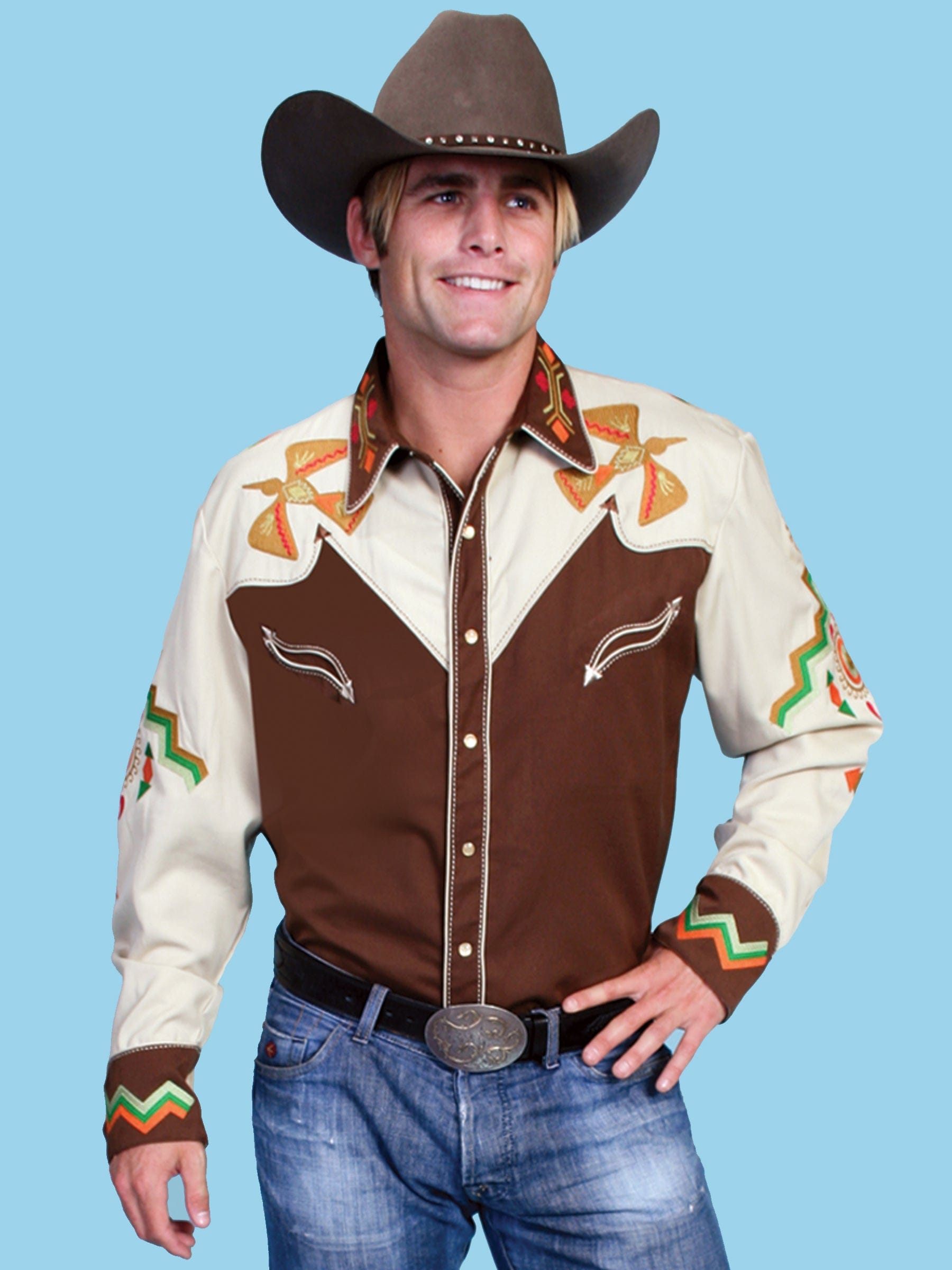 Western Scully 65% polyester 35% rayon Brown Phoenix embroidery shirt