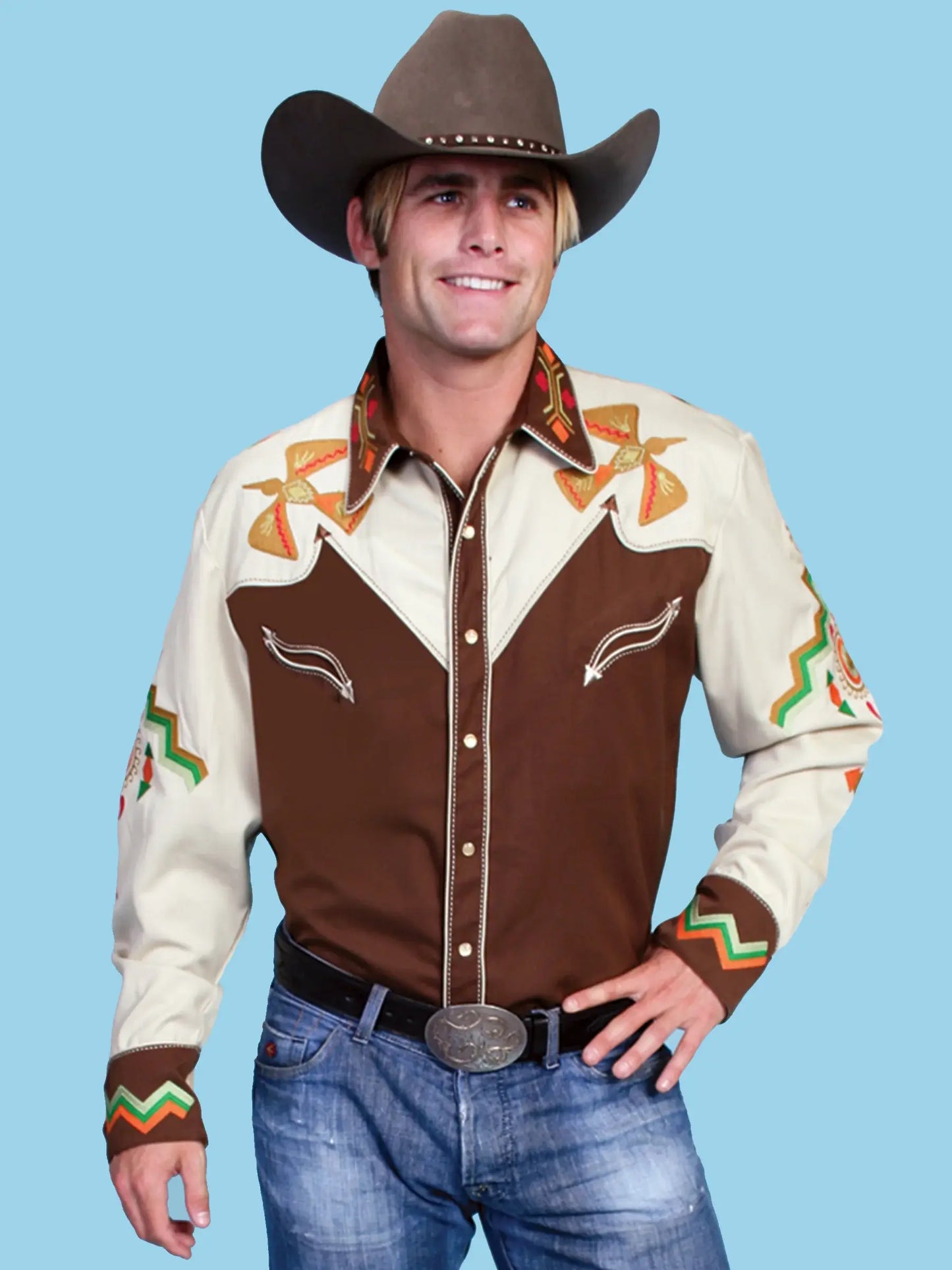 Western Scully 65% polyester 35% rayon Brown Phoenix embroidery shirt - Scully Leather - Flyclothing LLC