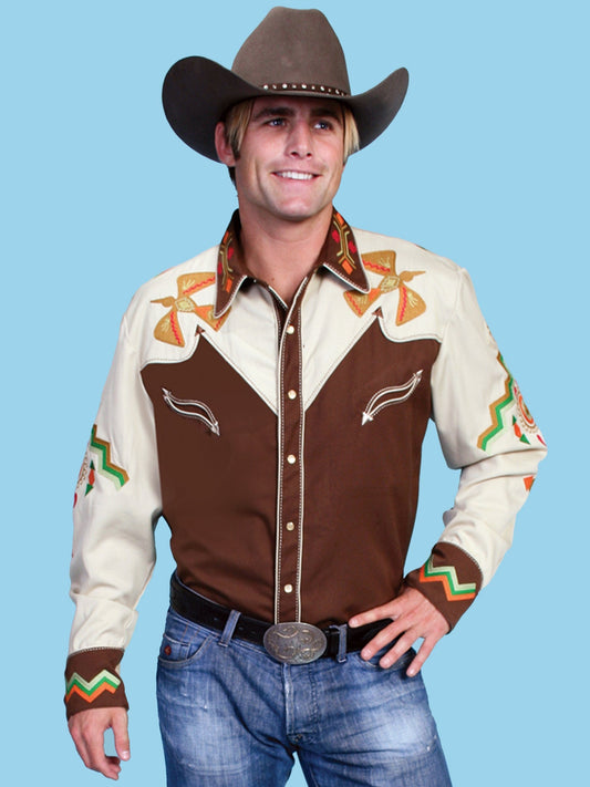 Western Scully 65% polyester 35% rayon Brown Phoenix embroidery shirt