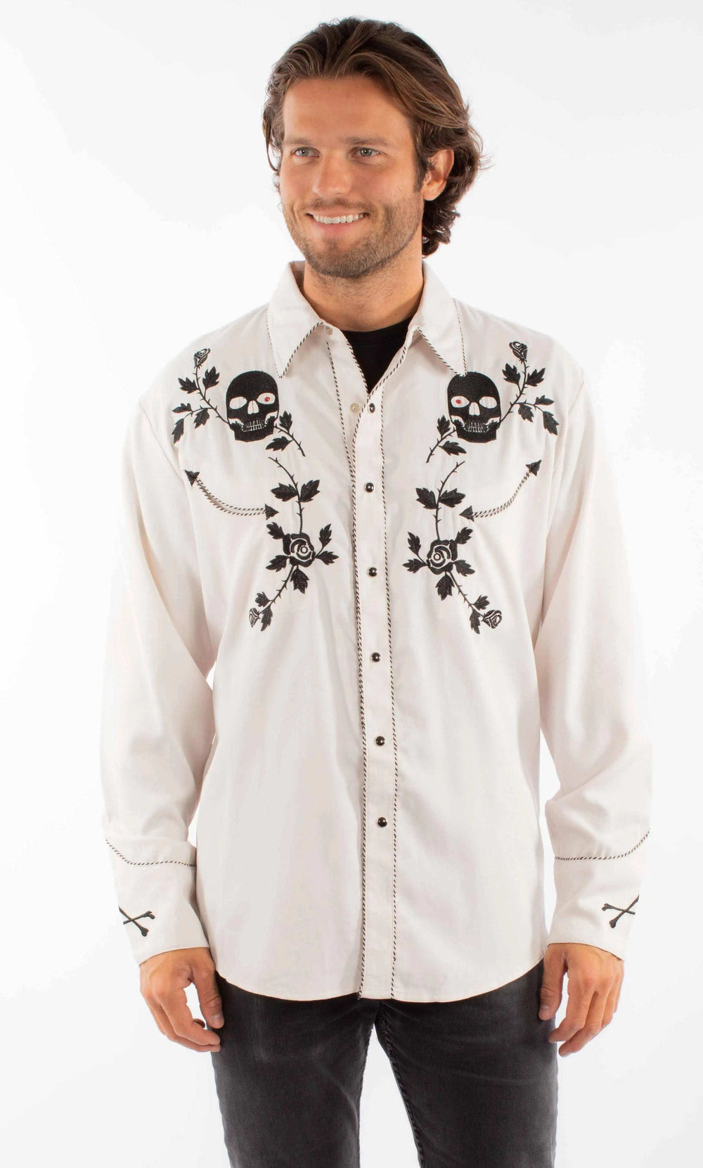 Western Scully 65% polyester 35% rayon Bone Skull/rose embroidered shirt - Scully Leather - Flyclothing LLC