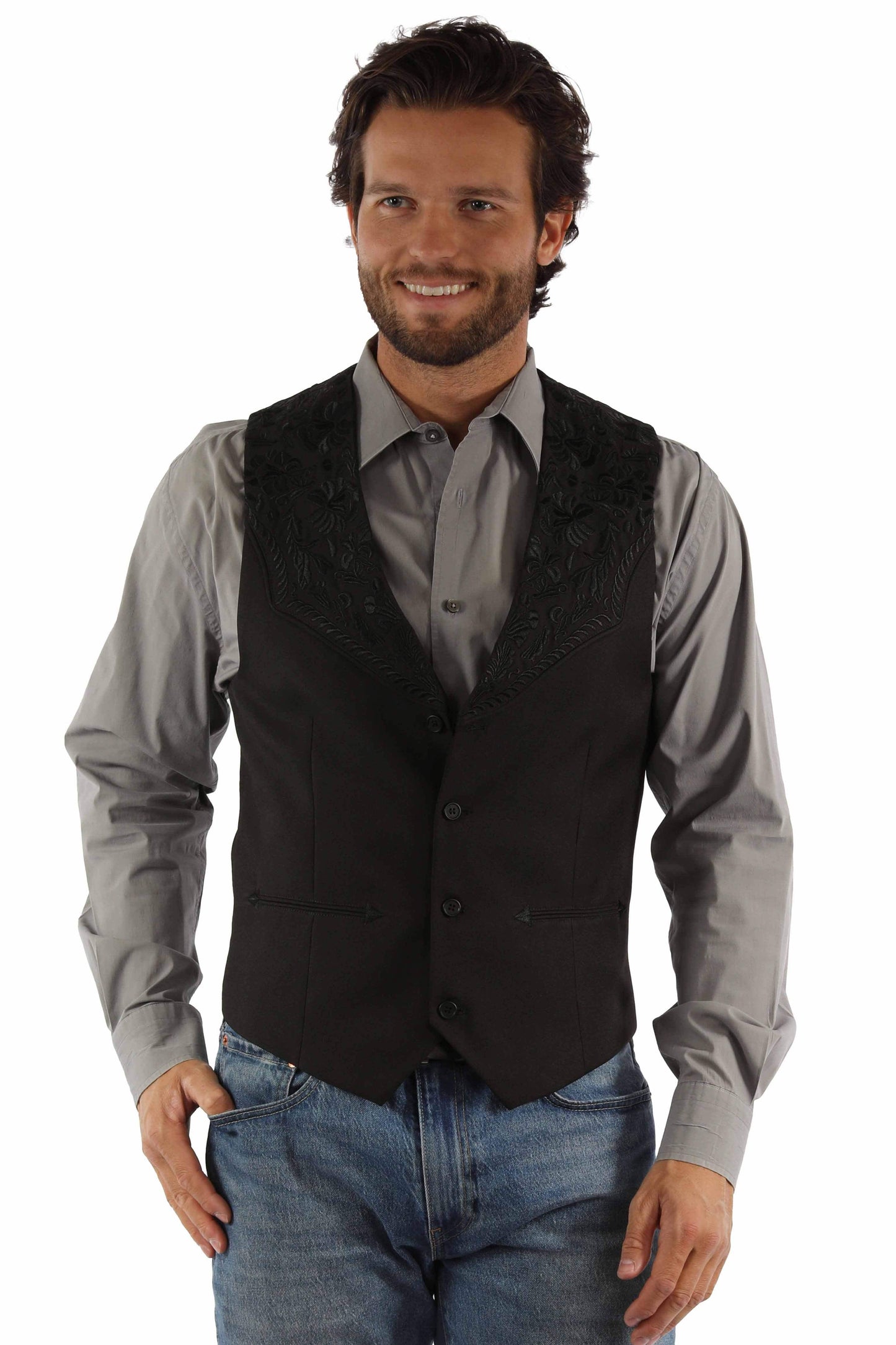 Western Scully Jet Black Floral Tooled Embroidered Vest - Scully Leather - Flyclothing LLC