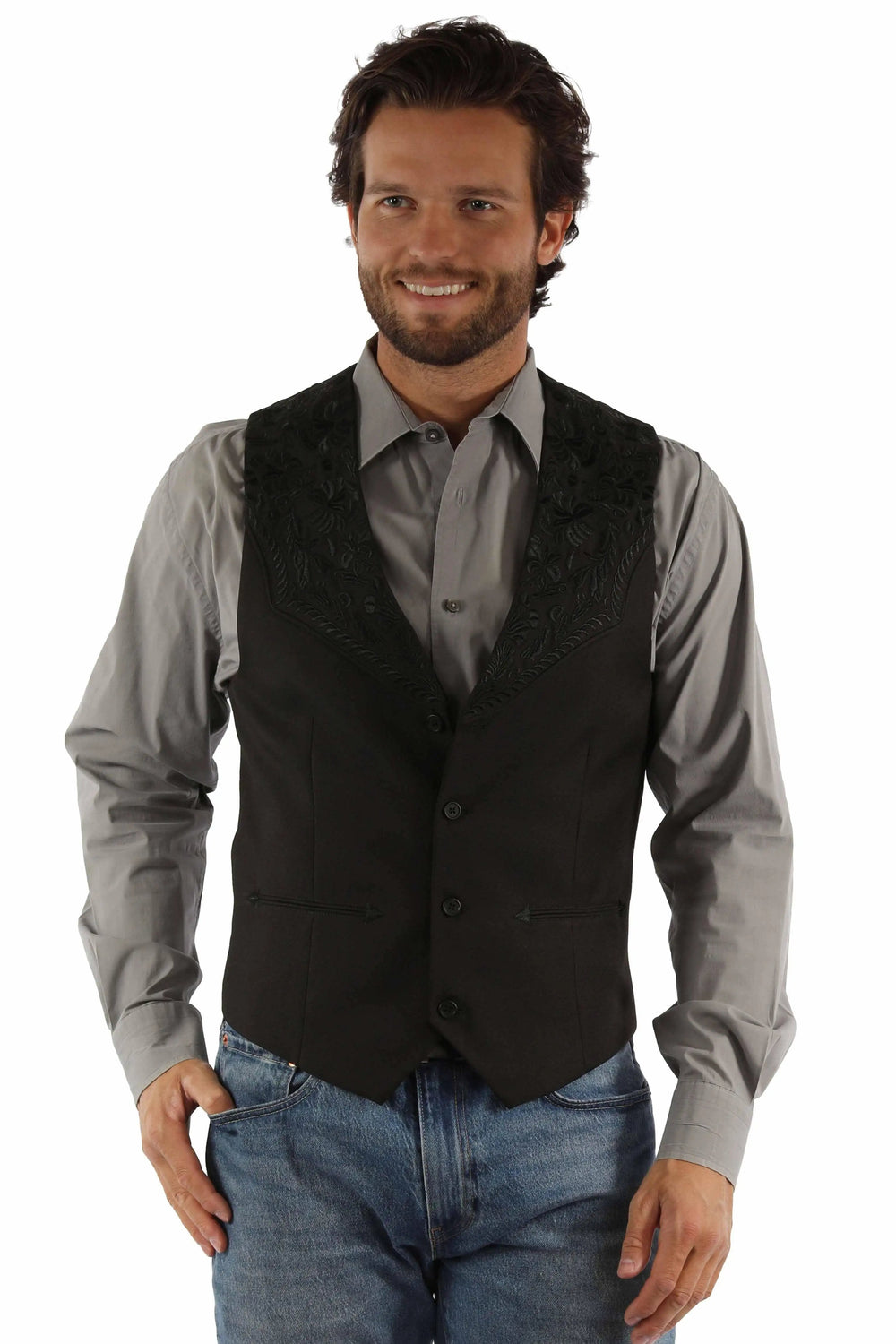 Western Scully Jet Black Floral Tooled Embroidered Vest - Scully Leather
