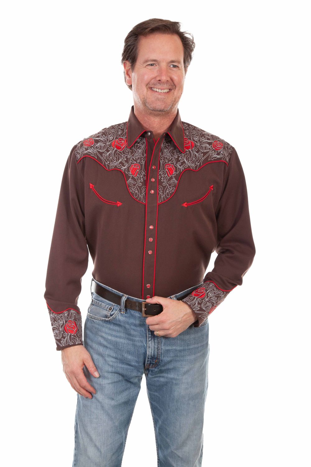 Scully Leather Brown Rose Embroidered Stitch Shirt