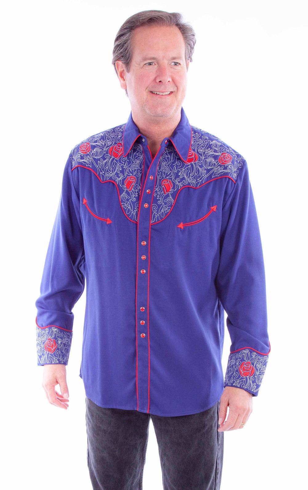 Scully Leather navy rose emb. Pick stitch shirt - Scully Leather - Flyclothing LLC