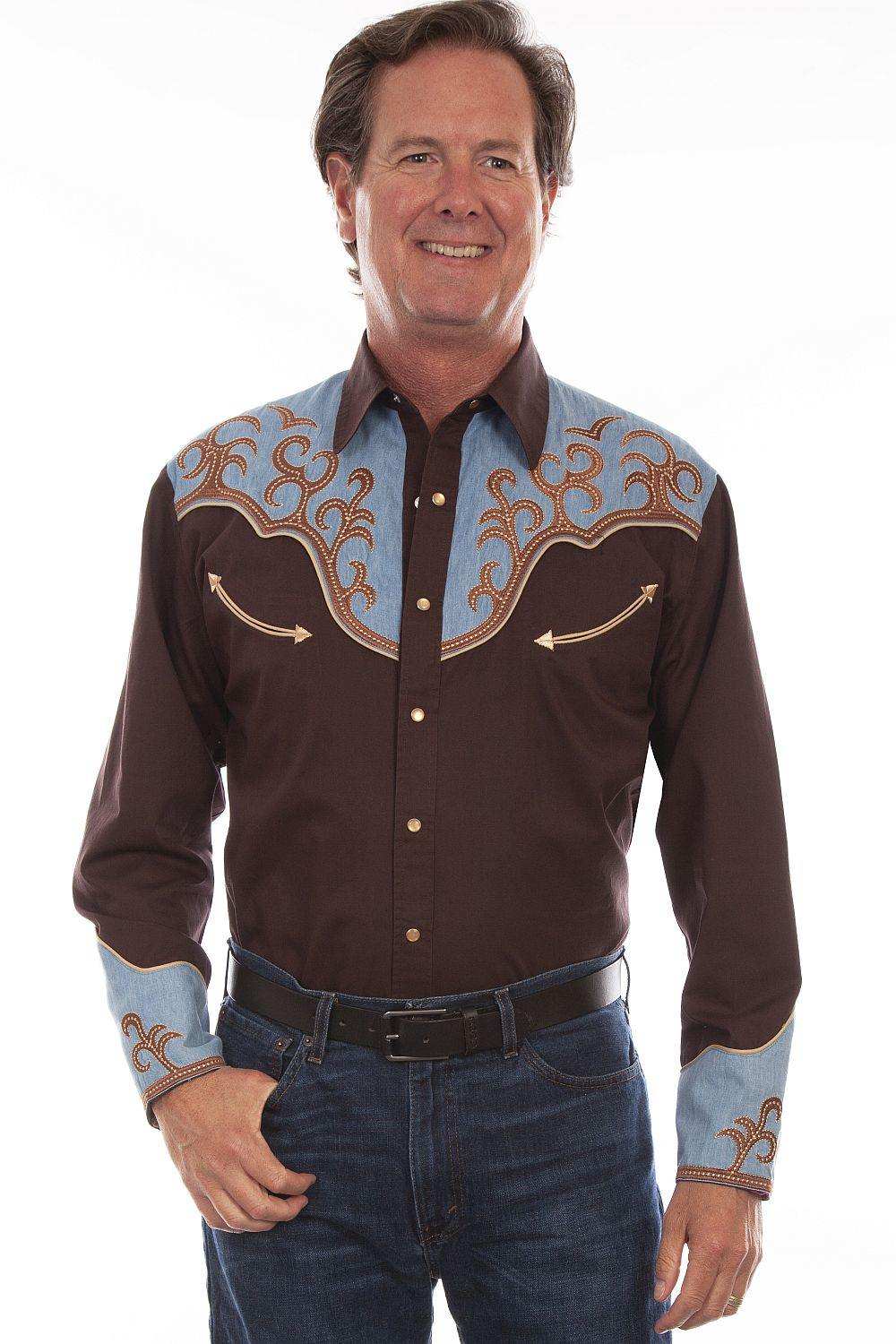 Scully Leather Brown Western Shirt with Yokes - Scully Leather - Flyclothing LLC