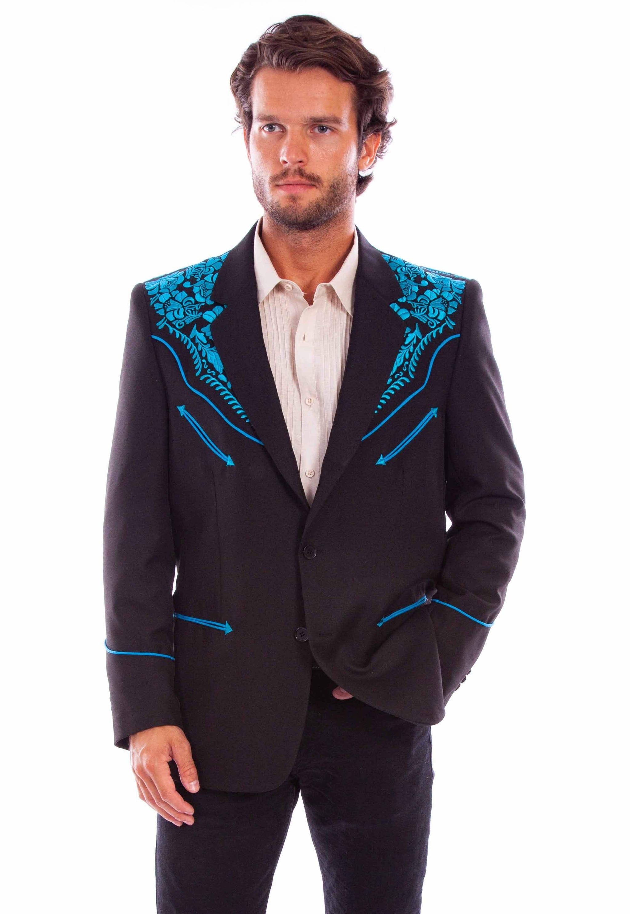 Western Scully Black-Turquoise Floral Embroidered Blazer - Scully Leather - Flyclothing LLC