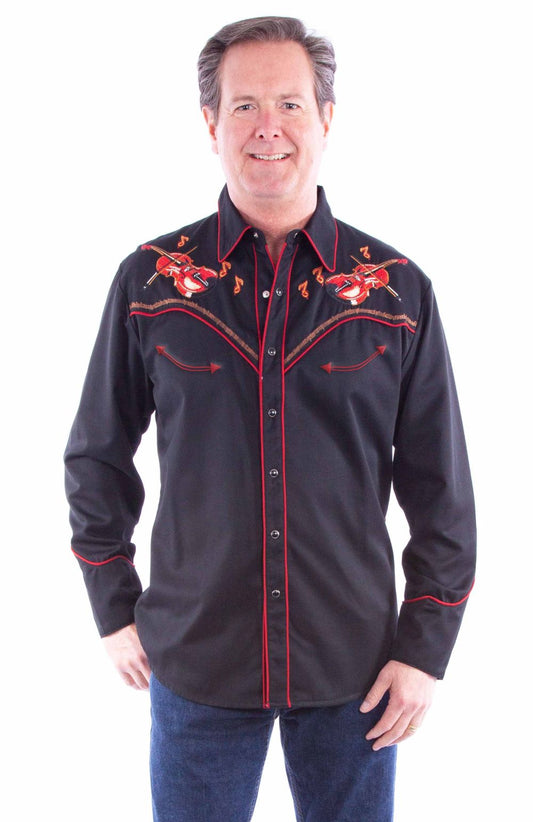 Scully Leather Black Embroidered Fiddles Western Shirt