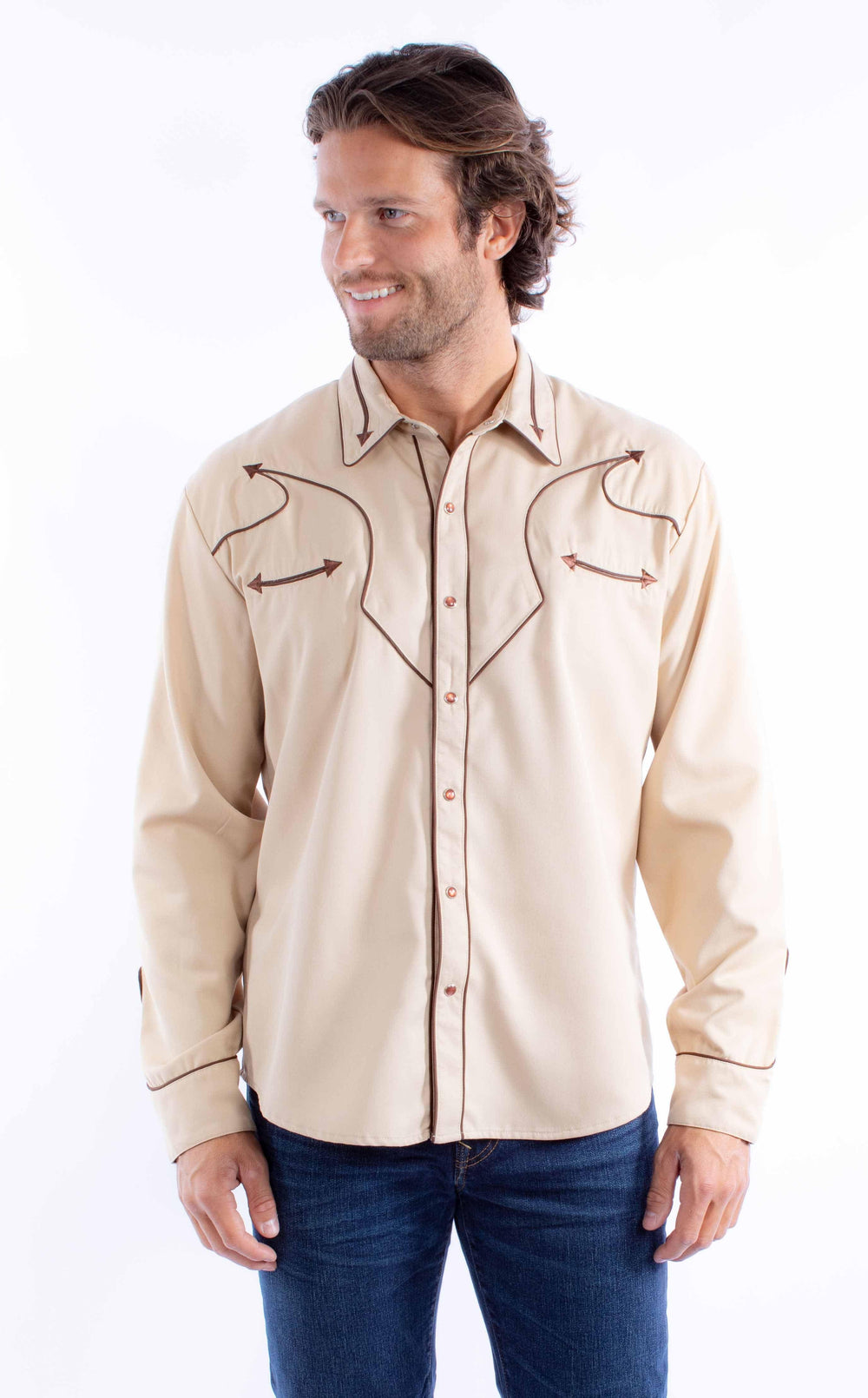 Scully Leather tan solid shirt with piping & arrows - Scully Leather