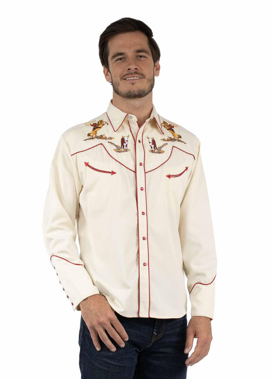 Western Scully 65% polyester 35% rayon Cream Cattle roper embroidered shirt