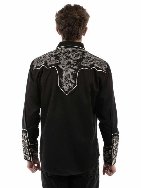 Western Scully 65% polyester 35% rayon Black Paisley embroidered shirt