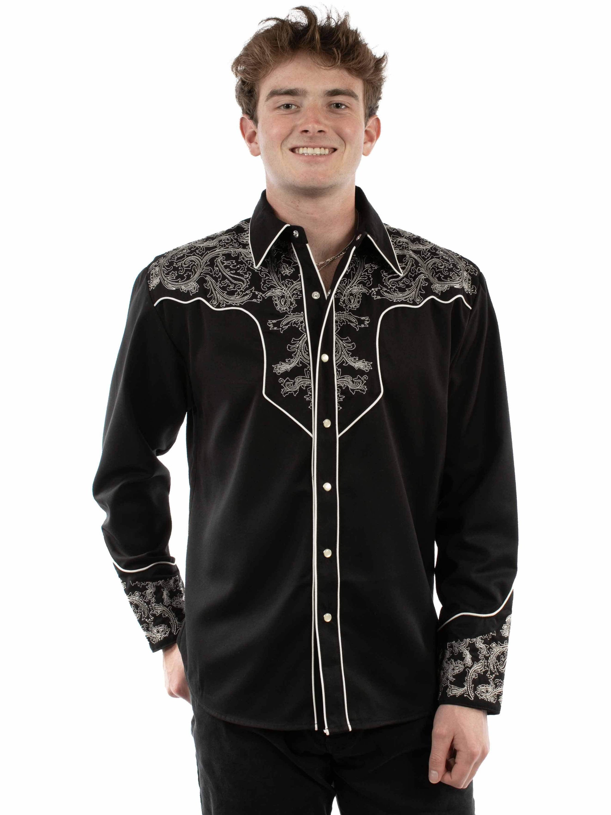 Western Scully 65% polyester 35% rayon Black Paisley embroidered shirt - Scully Leather - Flyclothing LLC