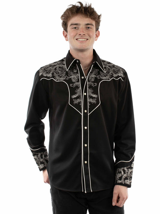 Western Scully 65% polyester 35% rayon Black Paisley embroidered shirt