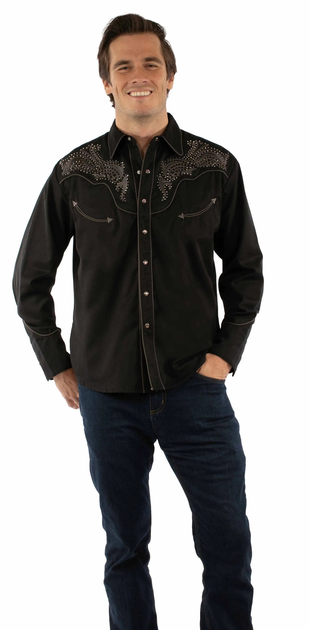 Western Scully 65% polyester 35% rayon Black Emb. Shirt w/studs