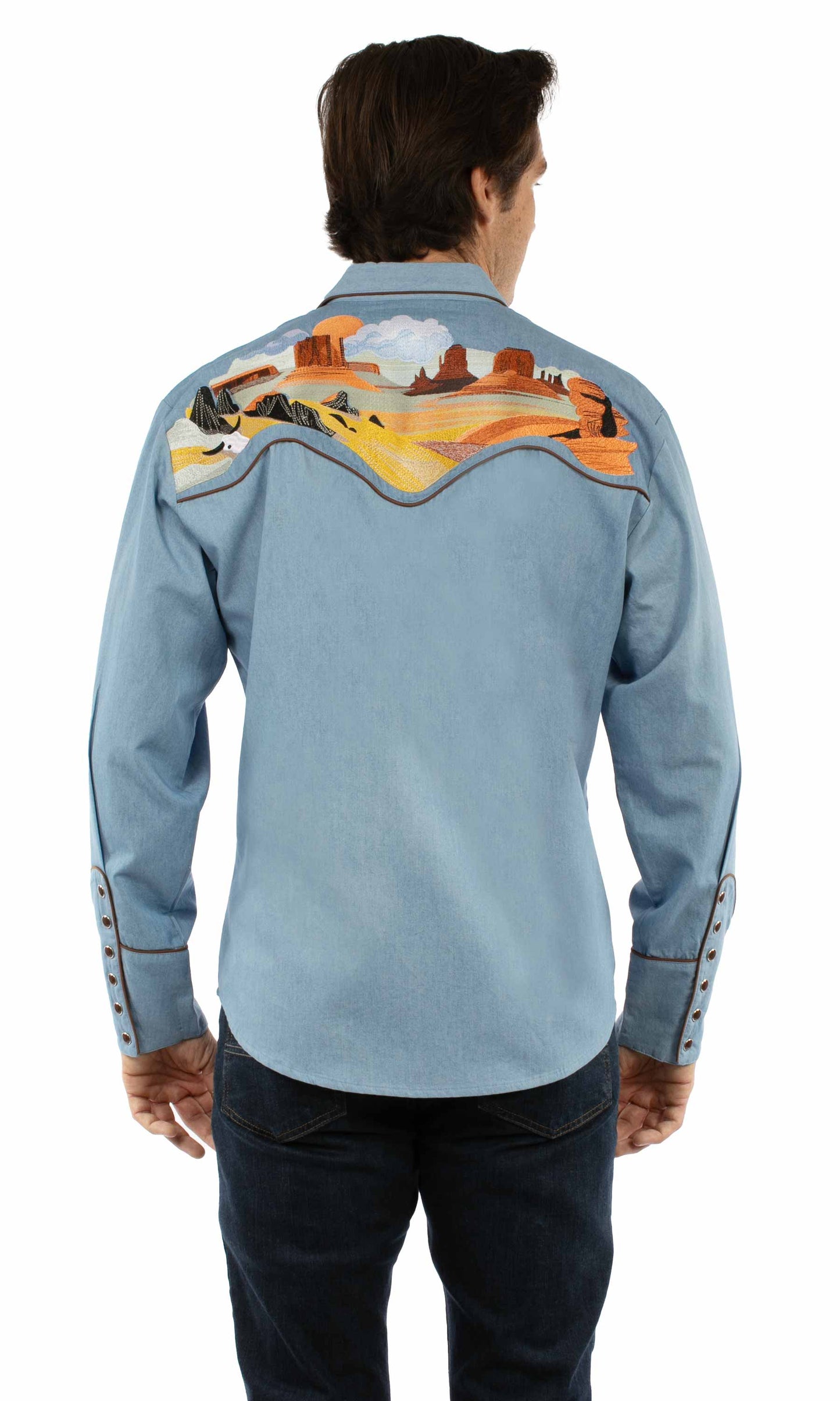 Western Scully 100% cotton Light blue Buffalo desert emb. - Scully Leather - Flyclothing LLC