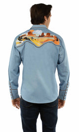 Western Scully 100% cotton Light blue Buffalo desert emb. - Scully Leather - Flyclothing LLC