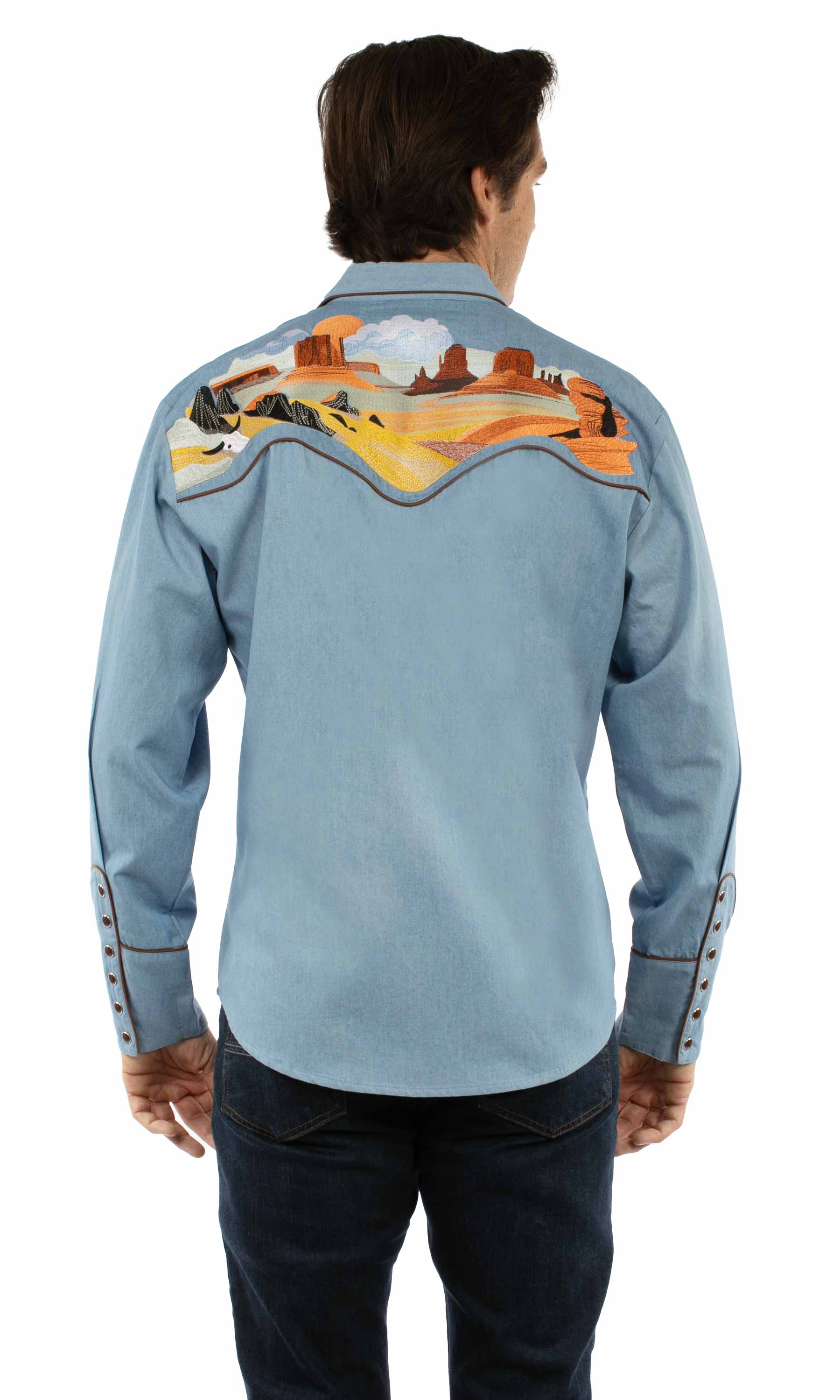 Western Scully 100% cotton Light blue Buffalo desert emb. - Scully Leather - Flyclothing LLC