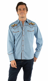 Western Scully 100% cotton Light blue Buffalo desert emb. - Scully Leather - Flyclothing LLC