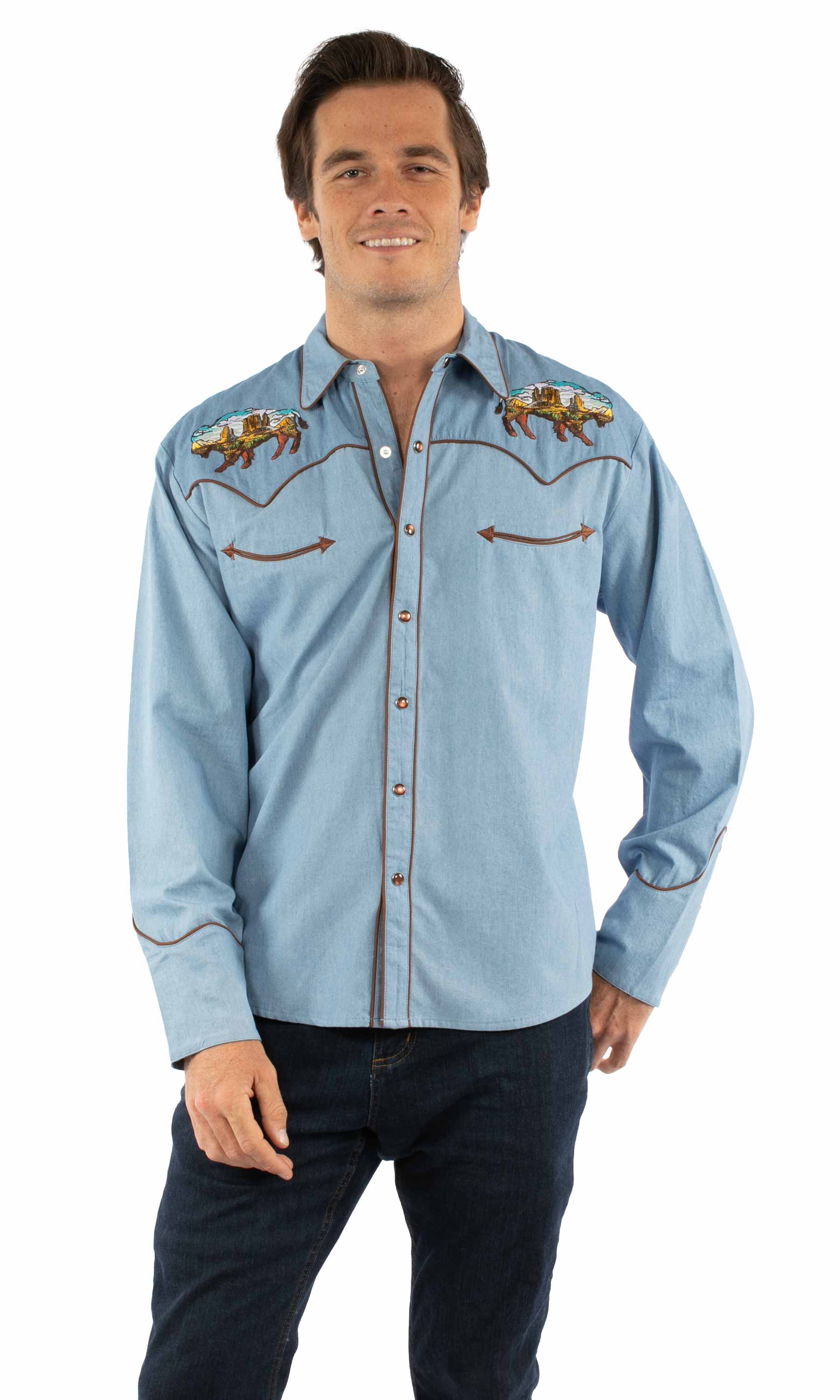 Western Scully 100% cotton Light blue Buffalo desert emb. - Scully Leather - Flyclothing LLC