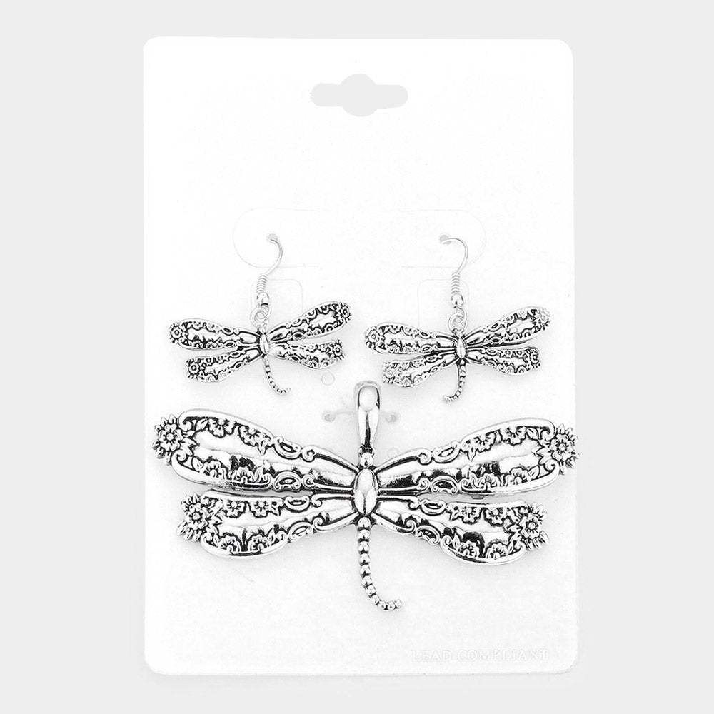Antique metal spoon handle dragonfly pendant set - Madeline Love - Flyclothing LLC
