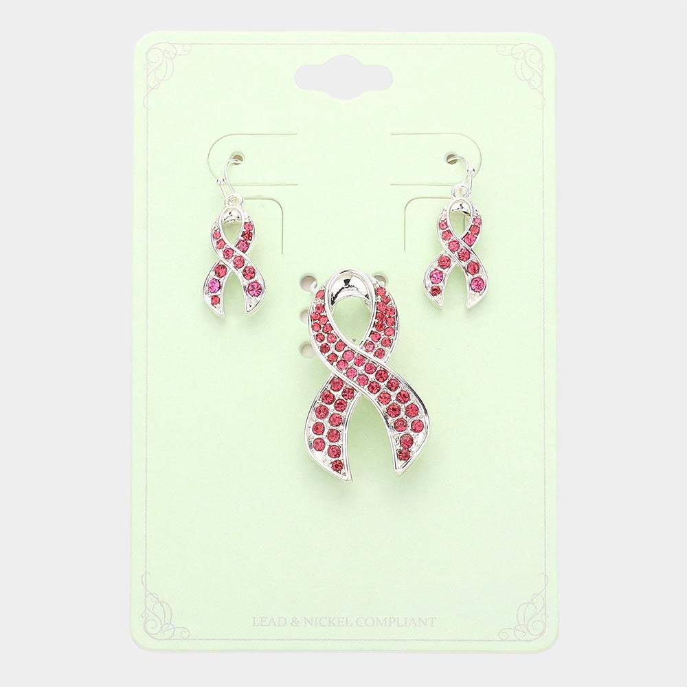 Crystal Pink Ribbon Pin Brooch Pendant Set - Madeline Love - Flyclothing LLC