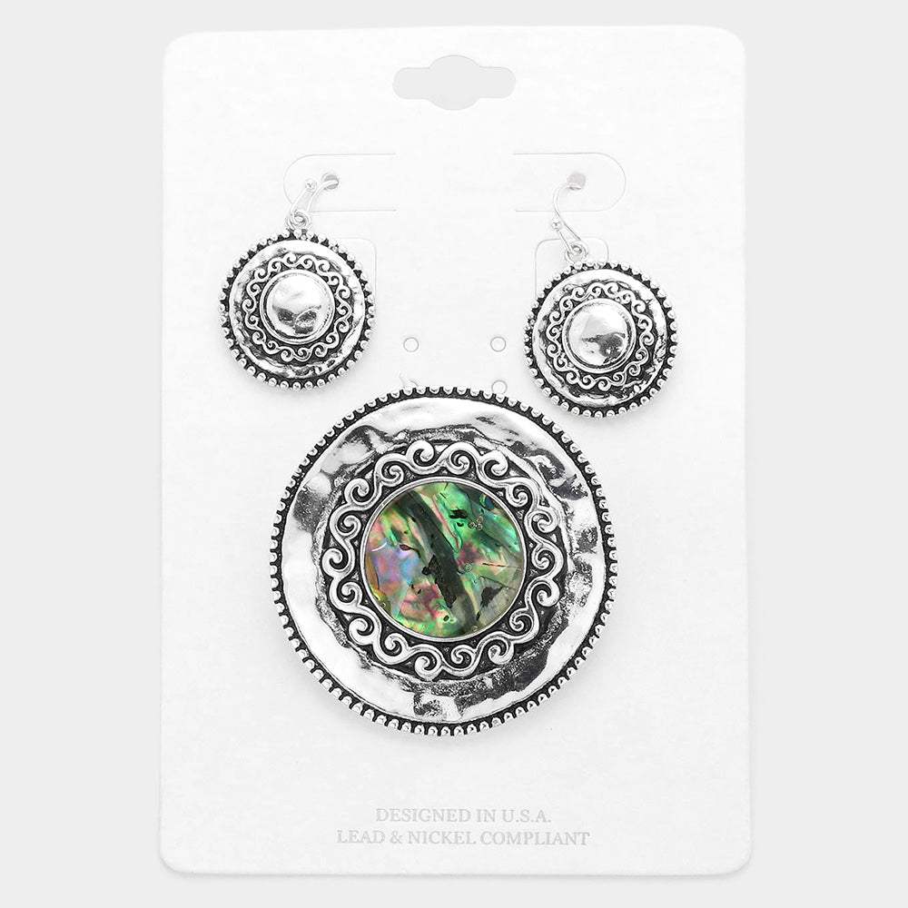 Embossed Metal Abalone Round Magnetic Pendant Set - Madeline Love - Flyclothing LLC