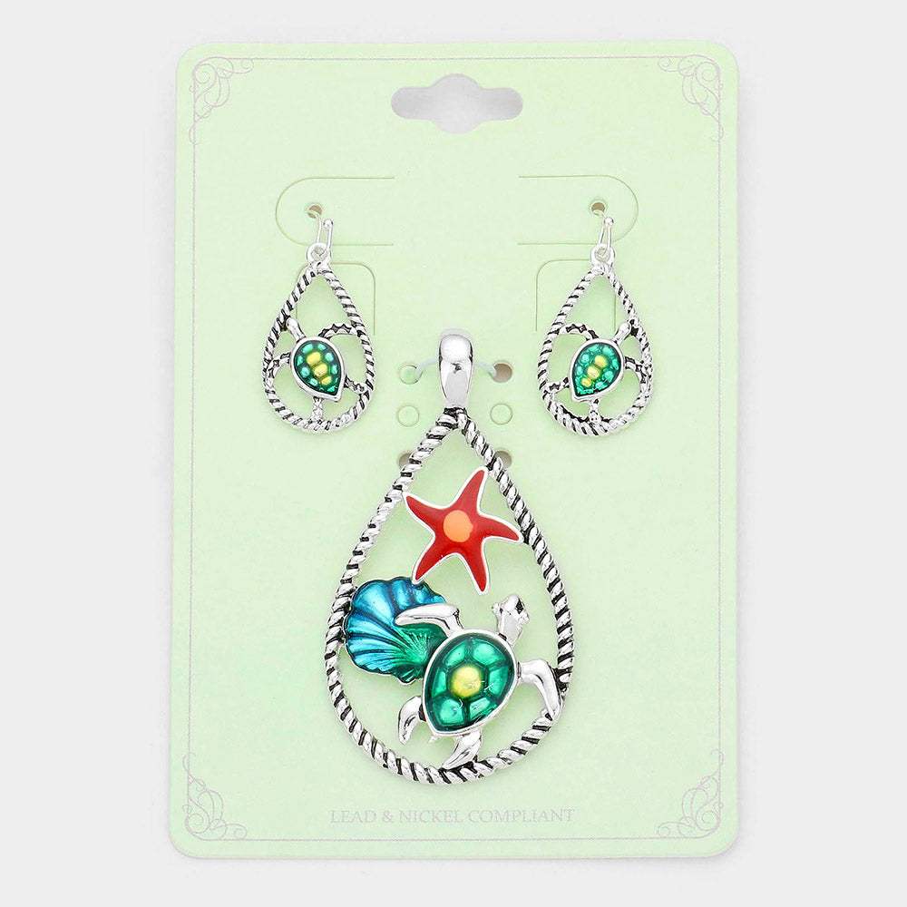 Enamel Starfish Shell Turtle Accented Open Teardrop Pendant Set - Madeline Love - Flyclothing LLC