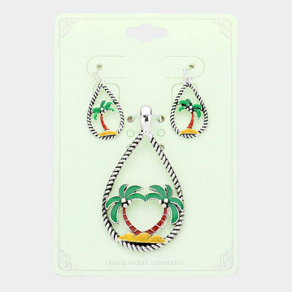 Enamel Palm Tree Accented Open Teardrop Pendant Set - Madeline Love - Flyclothing LLC