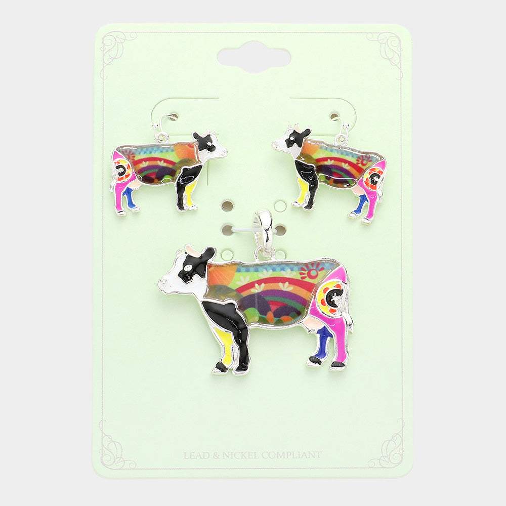 Flower Patterned Cow Pendant Set - Madeline Love - Flyclothing LLC