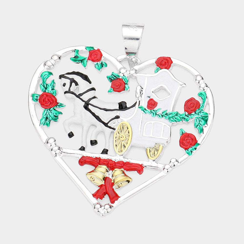 Metal Carriage Christmas Jingle Bell Accented Heart Pendant - Madeline Love - Flyclothing LLC
