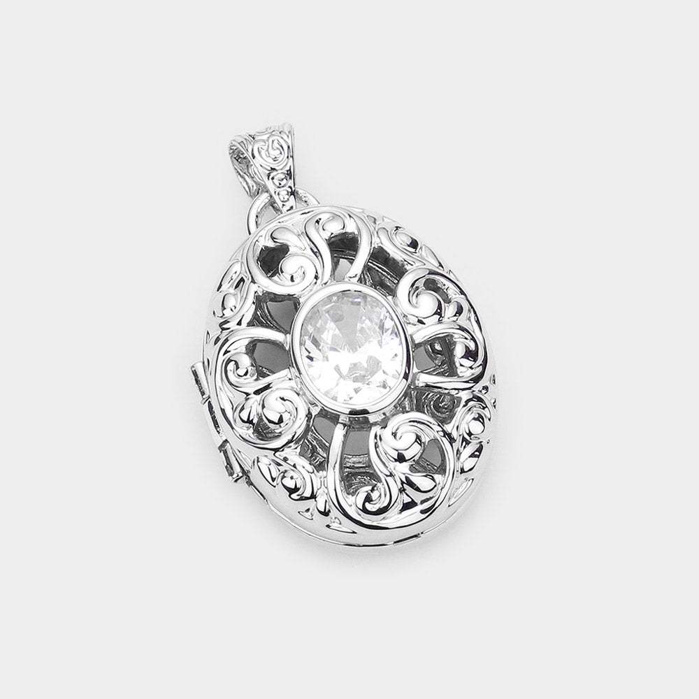 CZ Oval Accented Filigree Metal Locket Pendant - Madeline Love - Flyclothing LLC