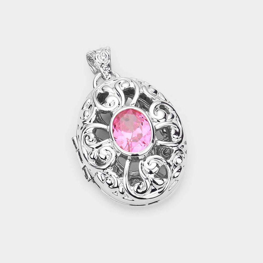 CZ Oval Accented Filigree Metal Locket Pendant - Madeline Love - Flyclothing LLC