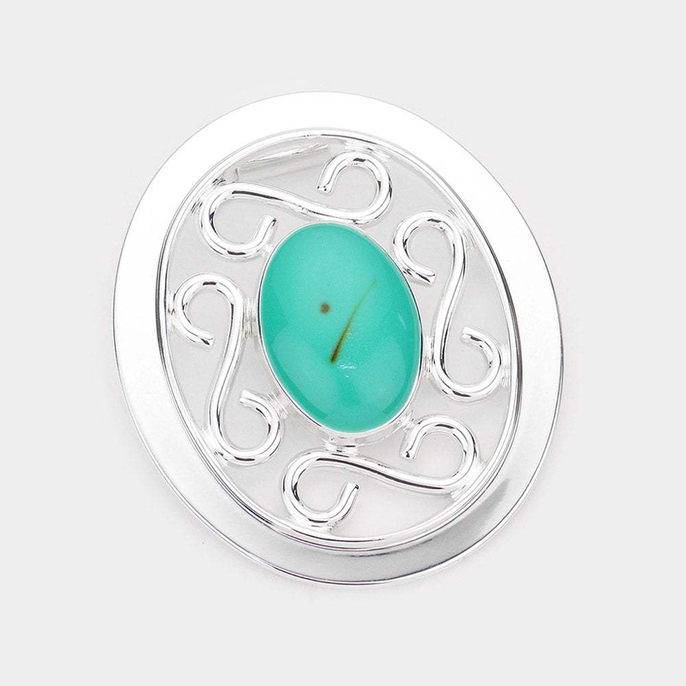 Turquoise Accented Metal Oval Pendant - Madeline Love - Flyclothing LLC