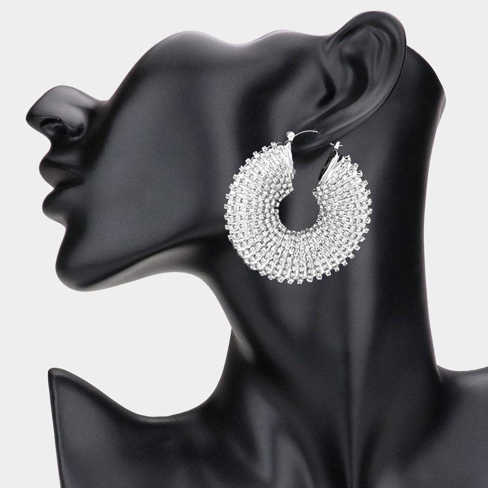 Rhinestone Cluster Embellished Chunky Hoop Pin Catch Earrings - Madeline Love - Flyclothing LLC