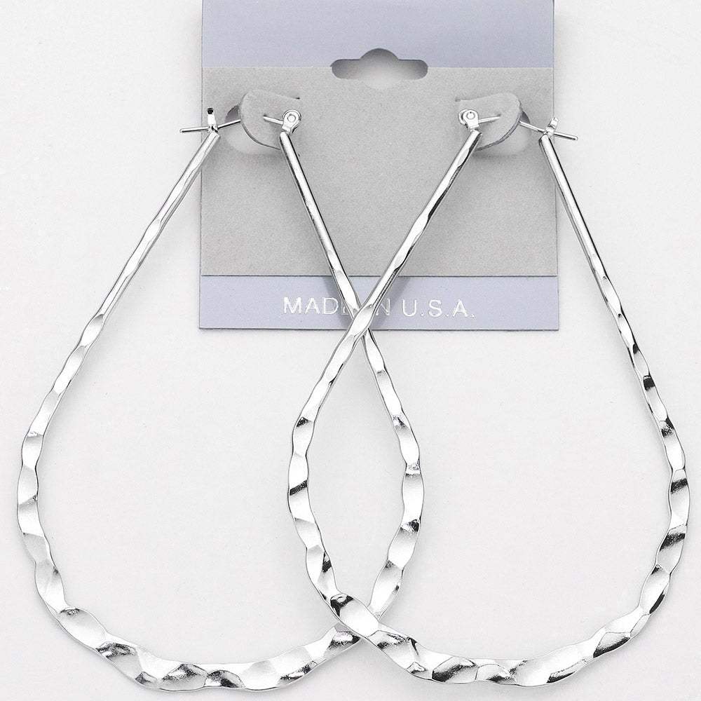 Hammered Metal Teardrop Pin Catch Hoop Earrings - Madeline Love - Flyclothing LLC