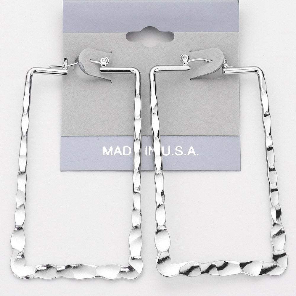 Textured Metal Rectangle Pin Catch Hoop Earrings - Madeline Love - Flyclothing LLC