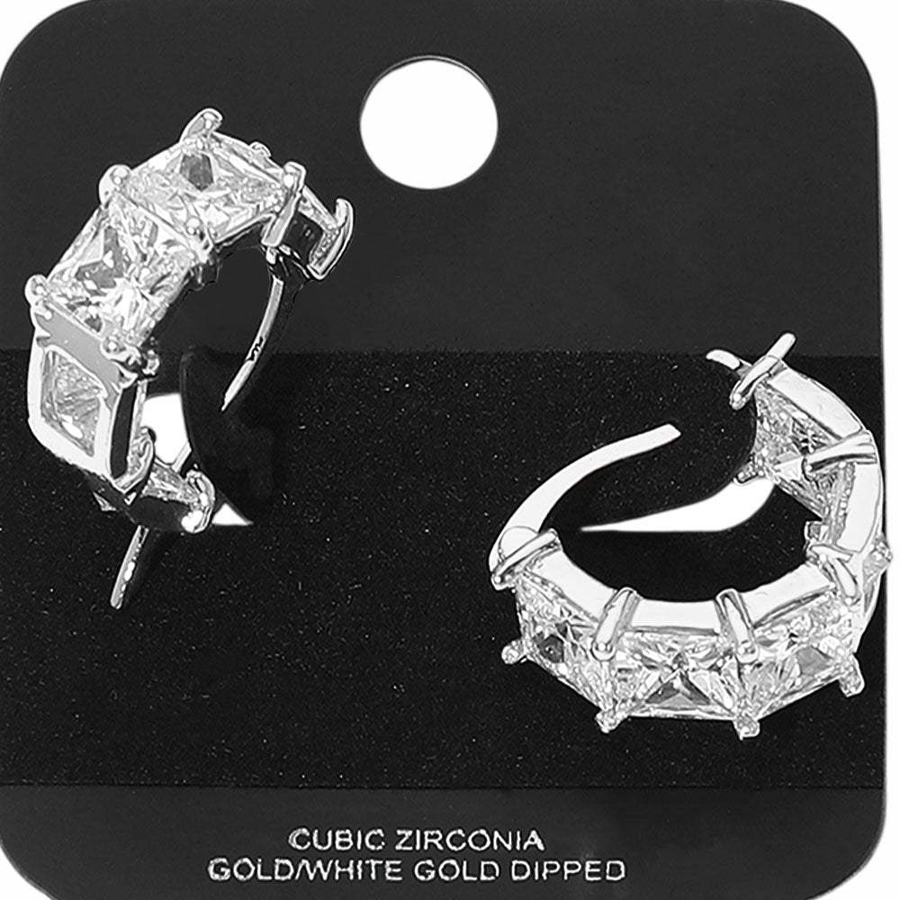 Gold Dipped Princess Cut CZ Stone Cluster Around Pin Catch Small Hoop Earrings - Madeline Love - Flyclothing LLC