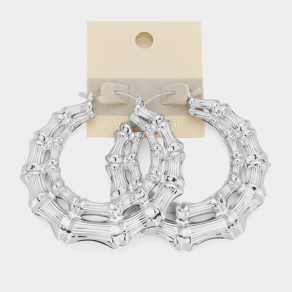 14K White Gold Filled Oversized Bamboo Metal Pin Catch Earrings - Madeline Love - Flyclothing LLC
