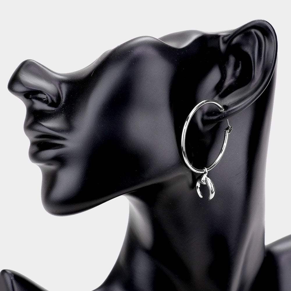 Metal Hoop Double Horn Link Earrings - Madeline Love - Flyclothing LLC