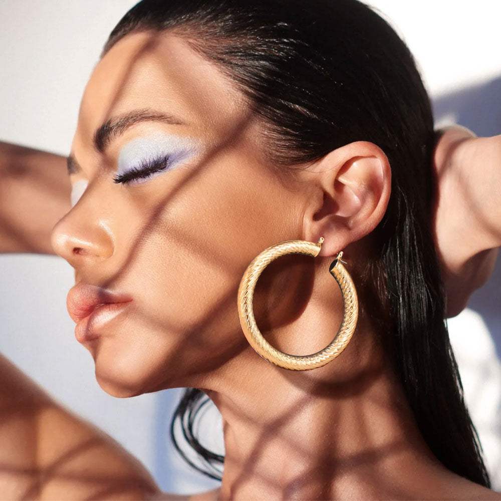 Textured Metal 2.5 Inch Hoop Pin Catch Earrings - Madeline Love - Flyclothing LLC
