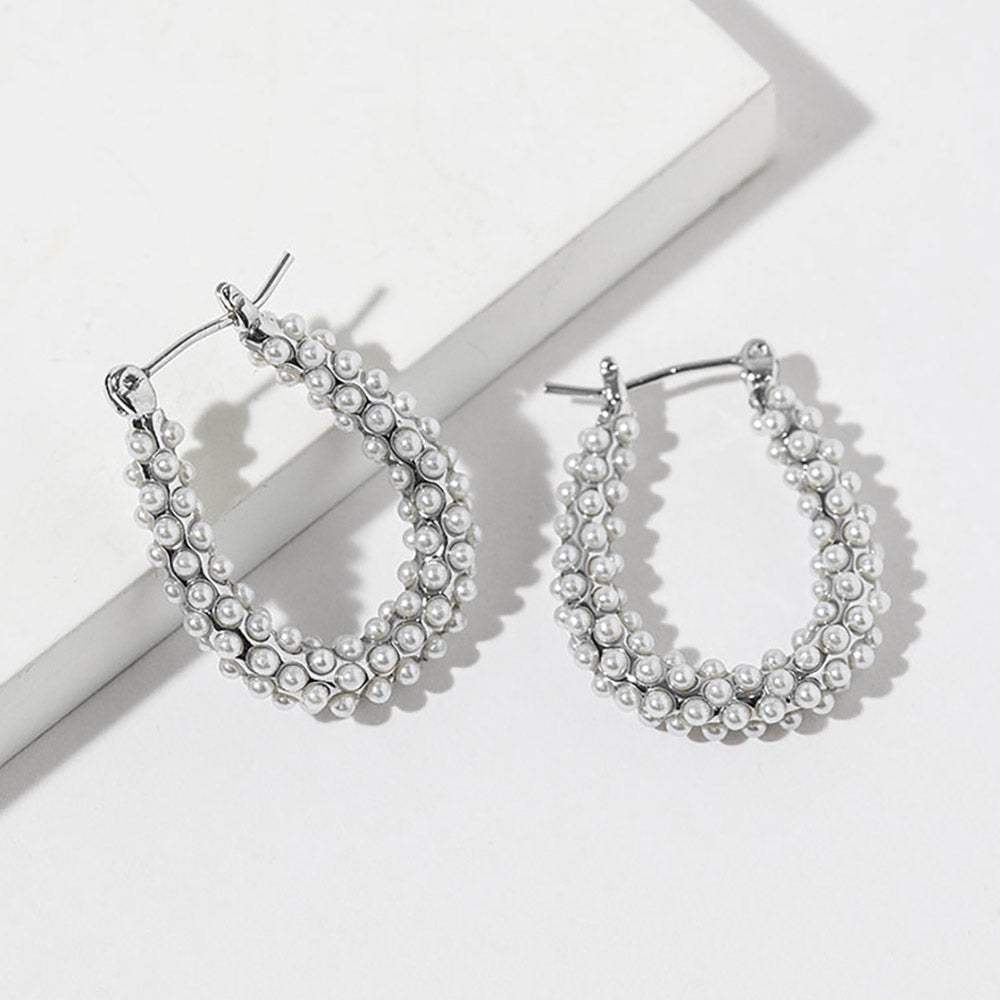 White Gold Dipped Pearl Teardrop Pin Catch Hoop Earrings - Madeline Love - Flyclothing LLC