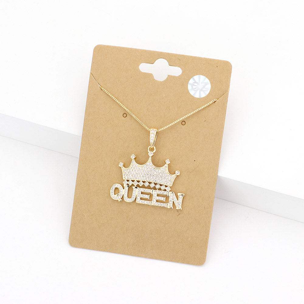 CZ Queen Message Crown Pendant Necklace - Madeline Love - Flyclothing LLC