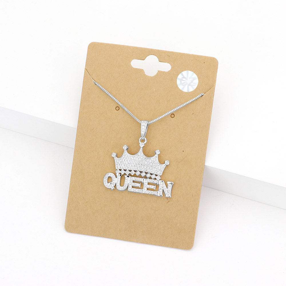 CZ Queen Message Crown Pendant Necklace - Madeline Love - Flyclothing LLC
