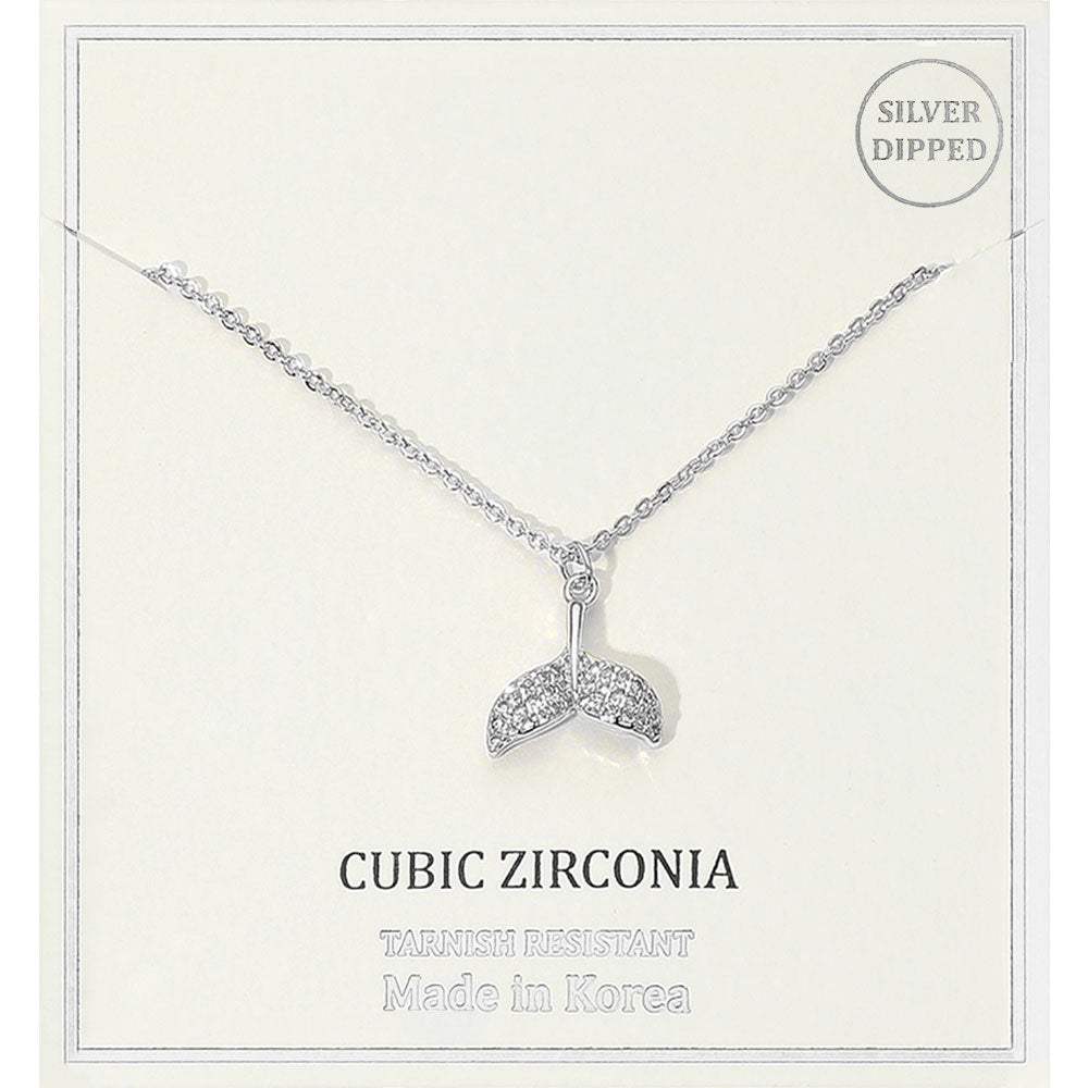 Silver Dipped CZ Stone Paved Whale Tale Pendant Necklace - Madeline Love - Flyclothing LLC