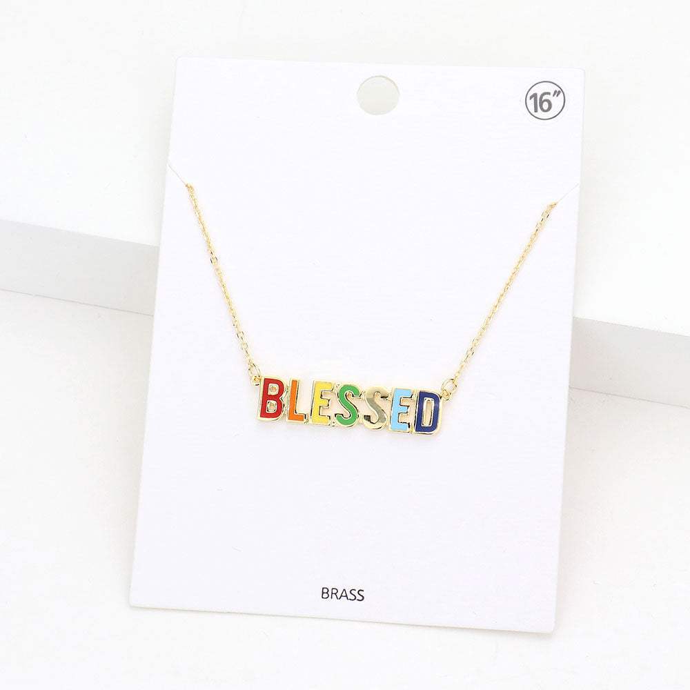 BLESSED Brass Metal Enamel Message Pendant Necklace - Madeline Love - Flyclothing LLC