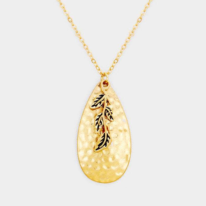 Hammered Teardrop Leaf Charm Pendant Necklace - Madeline Love - Flyclothing LLC